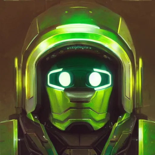 Image similar to robot with glowing green visor as a realistic scifi cyberpunk knight, closeup portrait art by donato giancola and greg rutkowski, realistic face, digital art, trending on artstation, symmetry!!!