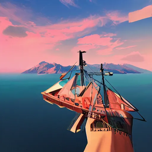 Image similar to super detailed color lowpoly art, big graphic seiner ship, on sunset view with mountains, unreal engine, high contrast color palette, 3 d render, lowpoly, colorful, digital art, perspective, full volume composition, syd mead