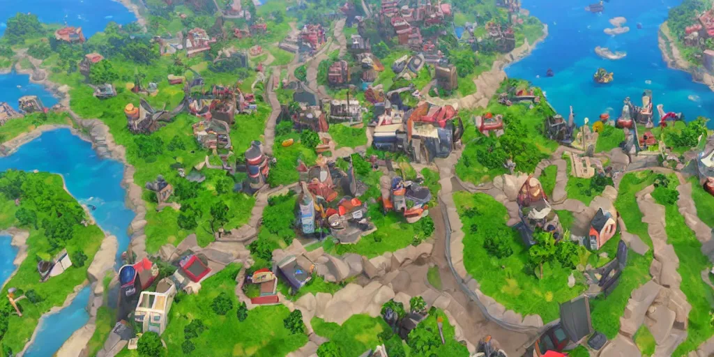 Prompt: medium sized coastal town in a video game similar to pokemon sword and shield. varied height level terrain, overview