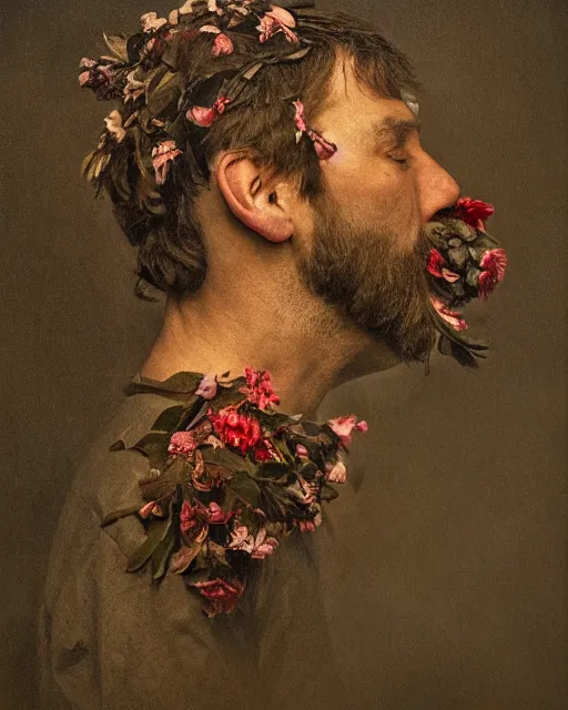 Prompt: a man's face in profile, long beard, flowers and fruit coming out of his mouth, in the style of the Dutch masters and Gregory Crewdson, dark and moody