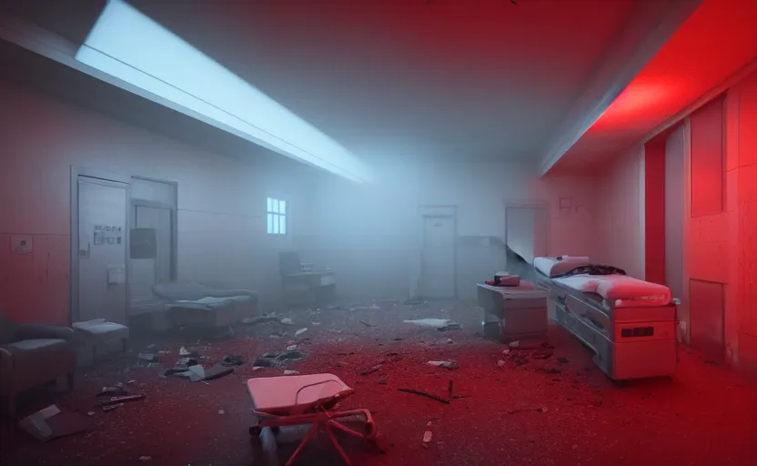 Image similar to an abandoned hospital room with red ceiling lighting and several blue lights on the walls, gloomy and foggy atmosphere, octane render, artstation trending, horror scene, highly detailded