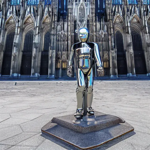 Prompt: the t - 1 0 0 0 made of liquid metal walking next to the cathedral of cologne, germany, volumetric lighting, sharp focus, ultra detailed, cgsociety - w 1 0 2 4 - n 8 - i