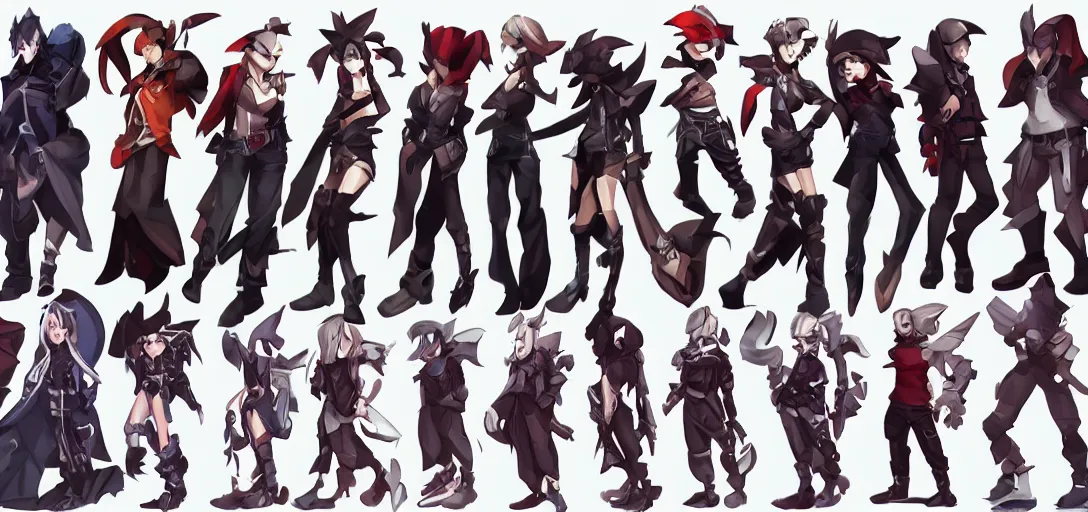 Image similar to character sheet concept art of male video game characters, disgaea, varying builds, unique silhouettes, cute casual streetwear, by marc brunet and artgerm