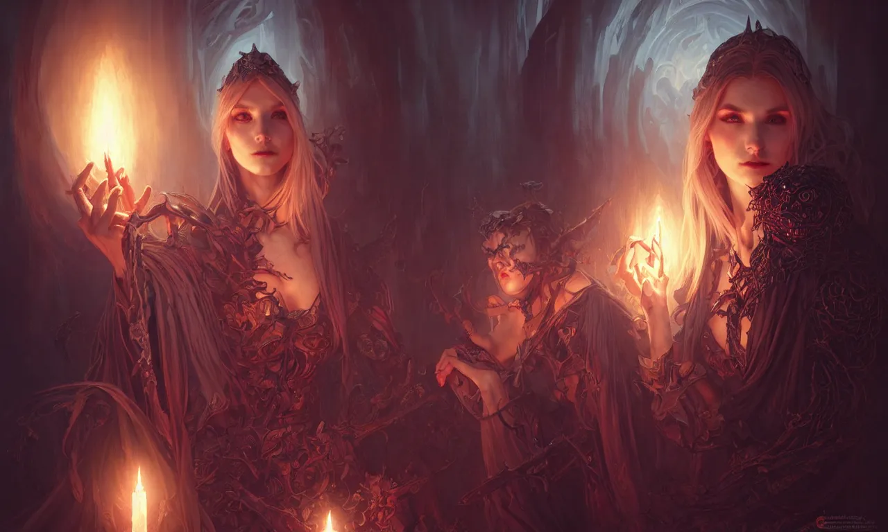 Image similar to Necromancer Sorceress in center, fantasy magic, undercut hairstyle, dark light night, intricate, elegant, sharp focus, illustration, highly detailed, digital painting, concept art, matte, art by WLOP and Artgerm and Greg Rutkowski and Alphonse Mucha, masterpiece