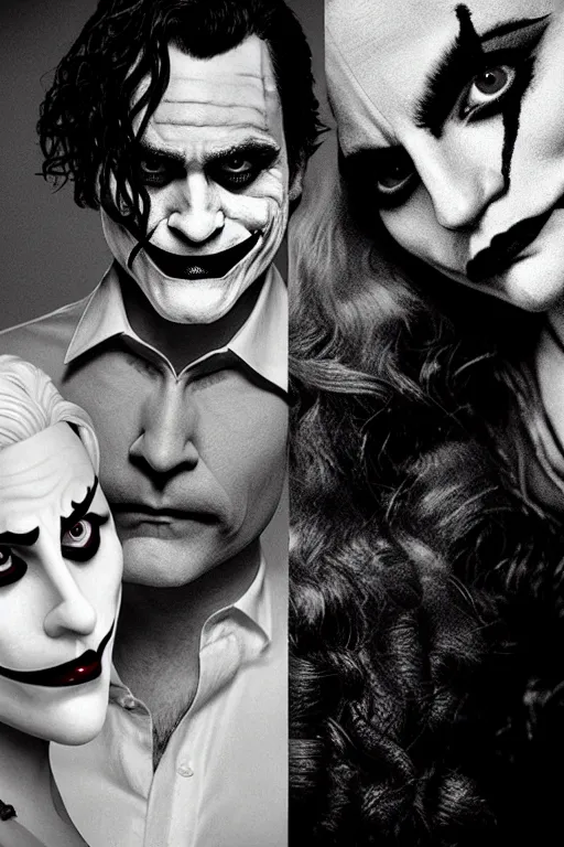 Image similar to joaquin phoenix joker with harley queen lady gaga, photorealistic, ultrarealistic, smooth, 4 k, aesthetic lighting, baroque object, sharp focus, hyperdetailed, professional photography, pullitzer winning, 8 0 0 photo by : canon eos 5 d mark iv, by karah mew and adnan abidi and jodie bateman and ansel adams