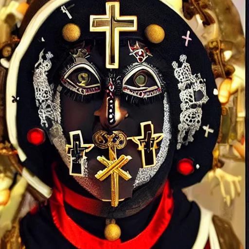 Image similar to a beautiful cyborg made of catholic symbols ceremonial maske