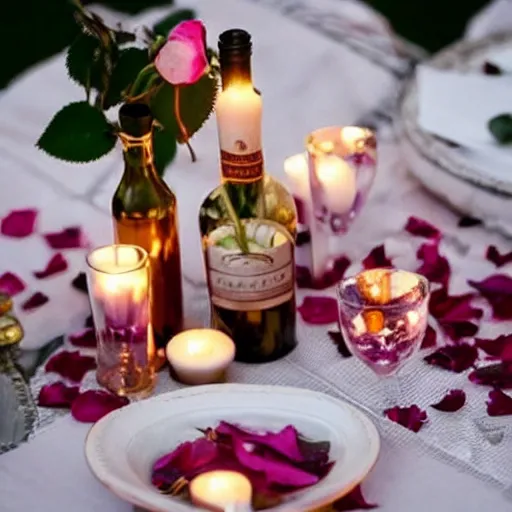 Prompt: beautiful romantic luxury table with wine bottle and candles covered in rose petals