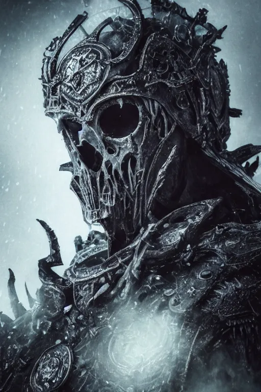 Prompt: a portrait of an ancient decayed lich king, dark fantasy setting, dynamic pose, cobwebs and dust, decay, close - up, intricate details, intricately detailed clothing, intricate textures, warm lighting, vivid colors, smoke and mist, realistic octane render, hyper realistic render, volumetric shading, depth of field, raytracing, 8 k,