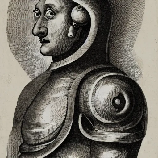 Image similar to illustration. partially mechanical man. 1 7 4 2