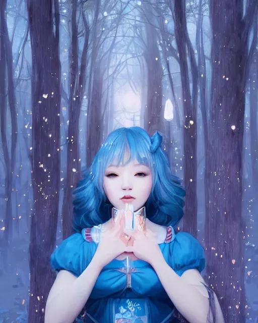 Image similar to symmetrical portrait of a pretty korean girl with blue hair dressed as alice in wonderland, beautiful sparkling blue eyes, dark forest background, moonlight, digital painting, 8 k, concept art, art by wlop, artgerm, greg rutkowski and alphonse mucha