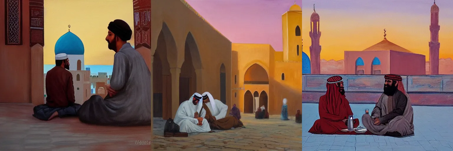 Prompt: two arabic men sitting and drinking coffee in the center of old arabic town, the old mosque on the horizon, sunrise, oil painting style,