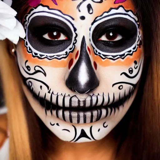 Prompt: an extreme close up photo of a attractive, alluring, beautiful, gorgeous, Mexican female, in her early 20s, wearing sugar skull make up