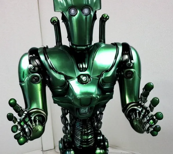 Image similar to h. r. giger esque full front view of a friendly happy emerald ultron from age of ultron fresh of the production line washed clean shiny _ clockwork steampunk, t - 8 0 0, robocop, robot hands