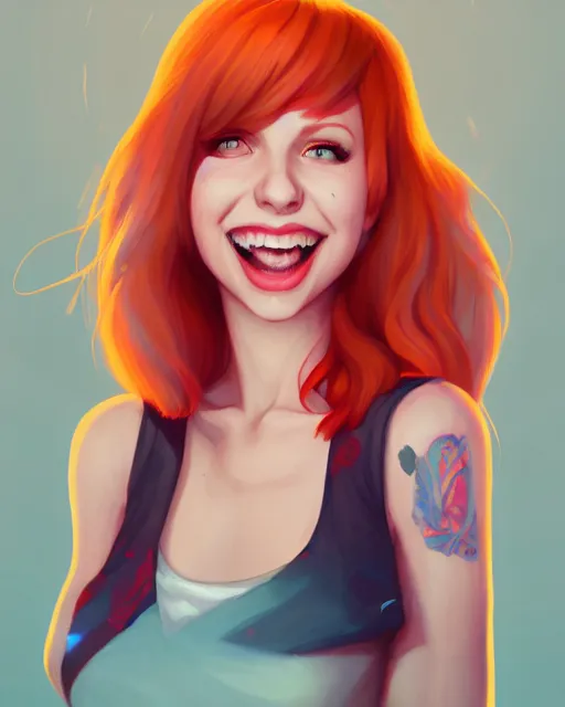 Image similar to a portrait of a beautiful full body Hayley Williams on stage smiling and dancing, art by lois van baarle and loish and ross tran and rossdraws and sam yang and samdoesarts and artgerm, digital art, highly detailed, intricate, sharp focus, Trending on Artstation HQ, deviantart, unreal engine 5, 4K UHD image