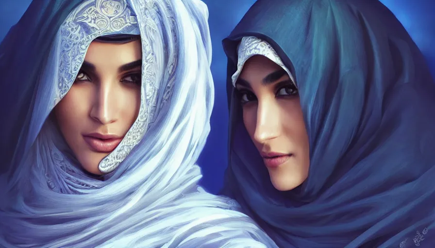 Image similar to Portrait of very very very very very very beautiful Arab woman wearing a Niqab, glowing magical eyes, energy trails, under giant full moon in the desert, intricate, elegant, highly detailed, digital painting, artstation, concept art, smooth, sharp focus, illustration, art by artgerm and greg rutkowski and alphonse mucha