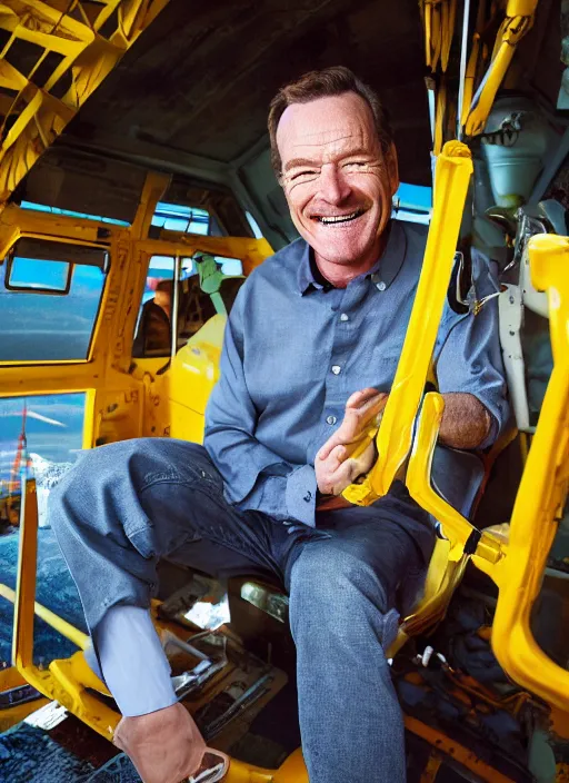 Image similar to closeup portrait of cheerful bryan cranston controlling a crane, sitting in a crane, yellow hardhat, sitting in a crane, natural light, bloom, detailed face, magazine, press, photo, steve mccurry, david lazar, canon, nikon, focus