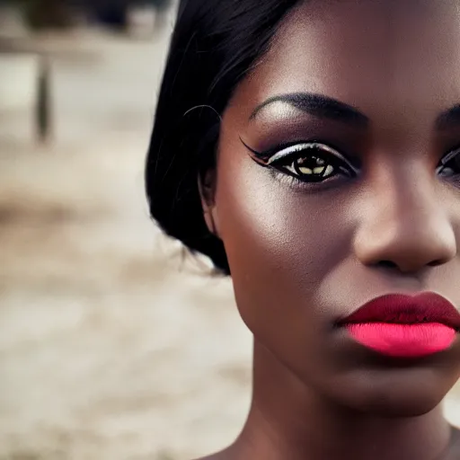 Image similar to portrait face of a curvy beautiful gorgeous black edgy model girl, bikini, big lips, she's mad, sunset, street of africa at night, 8 0 mm lens, 1. 2 aperture, grainy image, close up, cinematic light, 8 k, 4 k, very detailed, depressing atmosphere, cover magazine