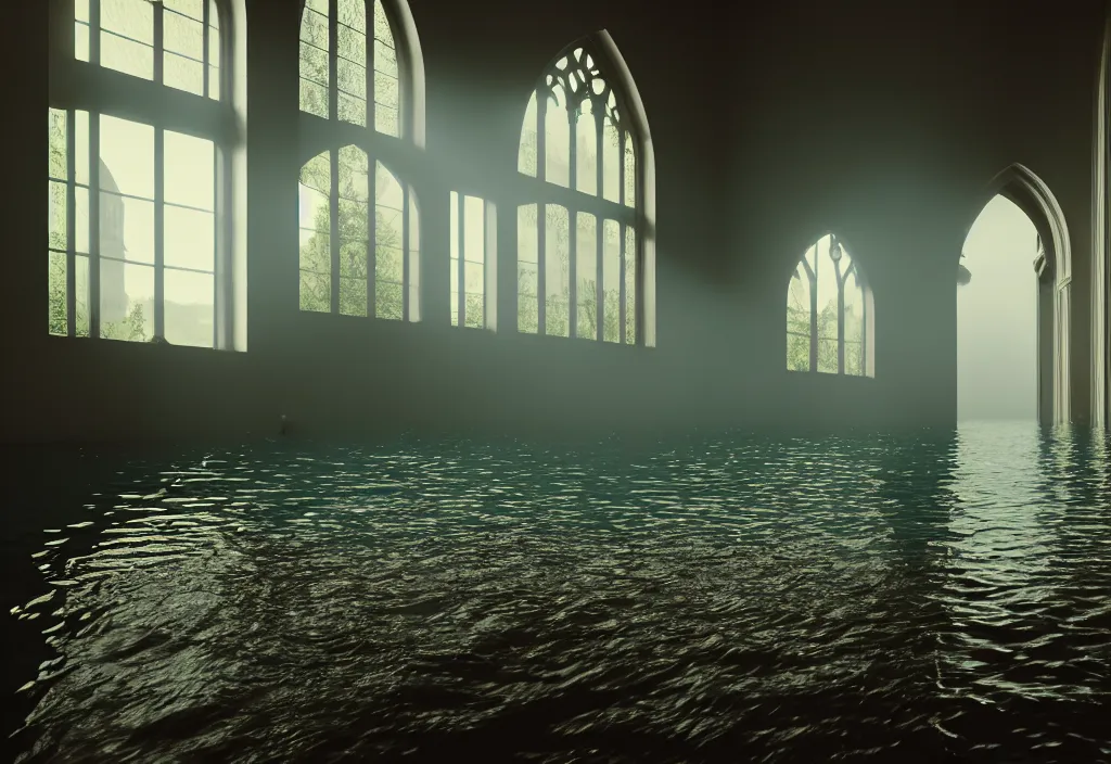 Image similar to kodak portra 4 0 0 photographic and realistic, interior cathedral, detailed, octane render, unreal engine, 8 k, artstation, hyper realistic, wide angle, floor flooded how a lake, hole objects that float, 3 5 mm, sharp focus, soft light, epic volumetric light fog, in the style of gregory crewdson