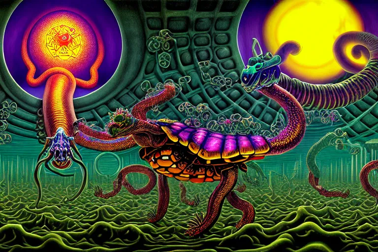 Prompt: a detailed digital art painting of a cell shaded cyberpunk ornate magick oni dragon with occult futuristic effigy of a beautiful field of mushrooms that is a adorable turtle atomic latent snakes in between ferret biomorphic molecular psychedelic hallucinations in the style of escher, alex grey, stephen gammell inspired by realism, symbolism, magical realism and dark fantasy, crisp