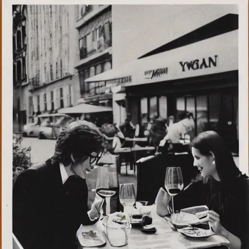 Prompt: high resolution photo of a couple dining at a restaurant, sitting in outdoor seating in the lower west side, with glasses of wine on the table, and multiple dishes of beautiful vegan food on the table, from a magazine advertisement for yves saint laurent