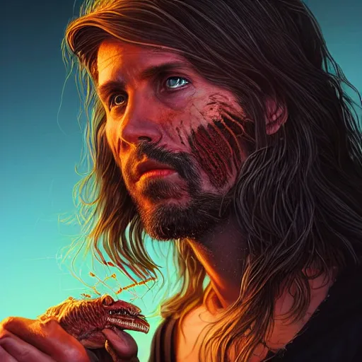 Prompt: portrait artwork of long haired man tearing the skin from his face to reveal lizard skin. Artwork by Dan Mumford, realistic cinematic lighting, ultra detailed, hyper realism