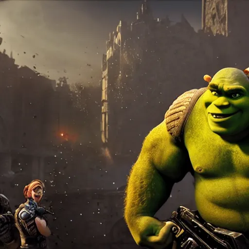 Image similar to Shrek in 'Gears of War', splash art, movie still, cinematic lighting, detailed face, dramatic, octane render, long lens, shallow depth of field, bokeh, anamorphic lens flare, 8k, hyper detailed, 35mm film grain