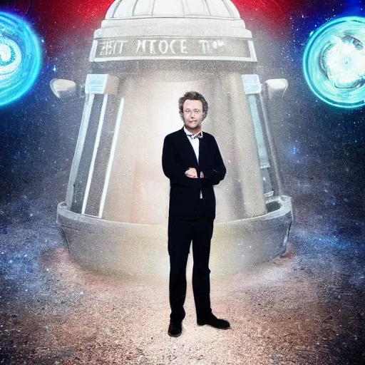 Image similar to a beautiful full body photograph of michael sheen as'doctor who ', time vortex in the background, detailed face, symmetrical face, extreme realism and detail, 8 k, completely framed, direct lighting, 3 5 mm photo, photorealistic, sharp focus