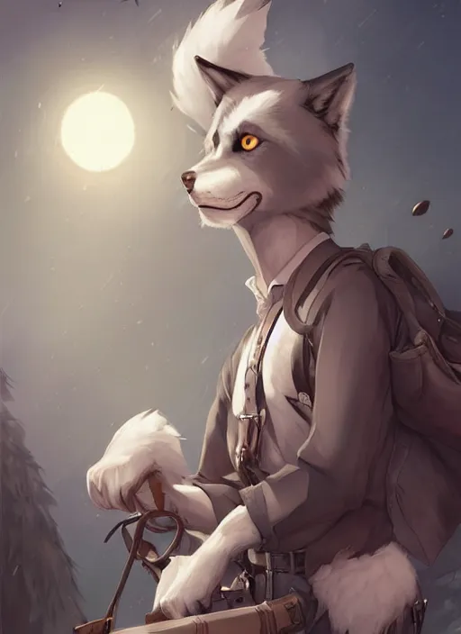 Image similar to beautiful portrait commission of a male furry anthro timber wolf Sheriff wearing a white dress shirt with suspenders in an old-timey desert town. Atmospheric. Character design by charlie bowater, ross tran, artgerm, and makoto shinkai, detailed, inked, western comic book art