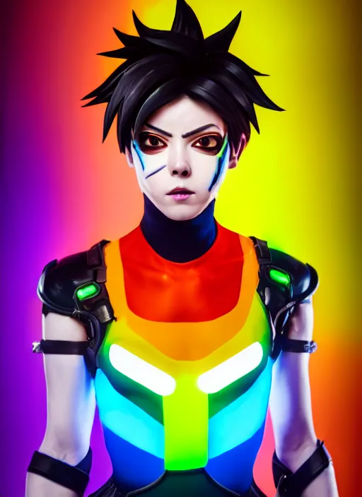 Image similar to full body overwatch style oil painting portrait of tracer overwatch, confident pose, wearing black jagged iridescent rainbow latex armor, rainbow, neon, 4 k, expressive surprised expression, makeup, wearing large rainbow neon choker, studio lighting, black leather harness, expressive detailed face and eyes,