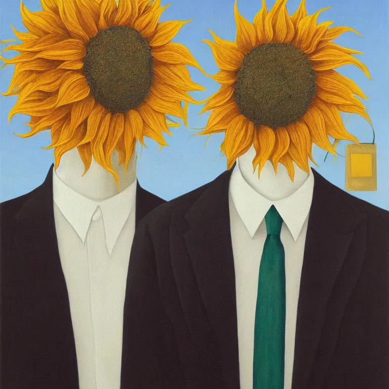 Image similar to portrait of a faceless sunflower - head man in a suit by rene magritte, detailed painting, distance, centered, hd, hq, high resolution, high detail, 4 k, 8 k