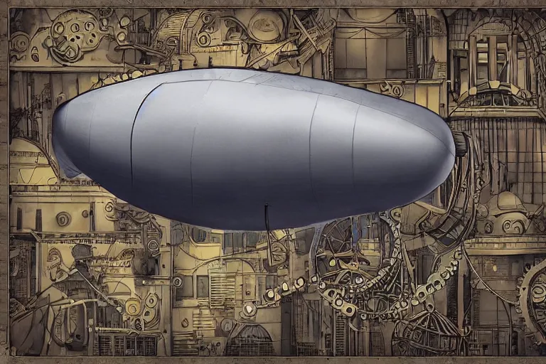 Image similar to a blimp in the shape of a pig, steampunk, digital art, extremely detailed, flying over a city