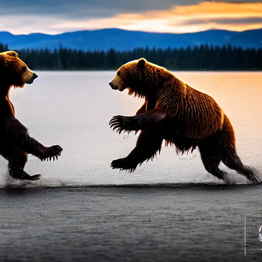 Image similar to kodiak bears kung - fu fighting on a lakefront using salmon as weapons, dusk, 8 k, hdr, cinematic, rule of thirds,