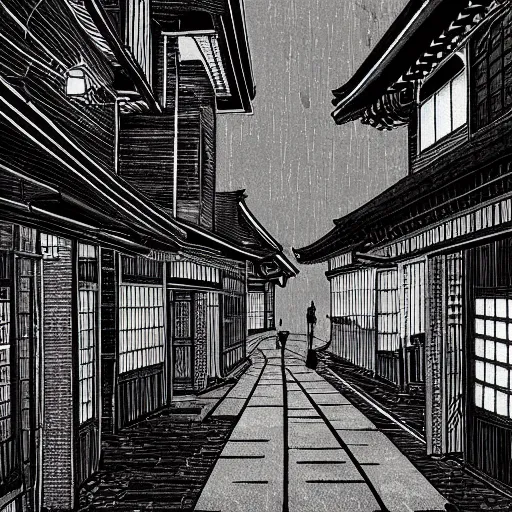 Image similar to a beautiful ink painting of buildings in japanese traditional style, in the style of hiroshi yoshida, at night, light effect, detailed, high - definition, exquisite isolated very detailed, moody lighting, 8 k highly detailed, trending on artstation