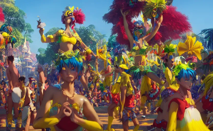 Prompt: a film still of Brazil Carnival, floats carnival, medium shot, waist up, studio Ghibli, Pixar and Disney animation, sharp, Rendered in Unreal Engine 5, anime key art by Greg Rutkowski, Bloom, dramatic lighting