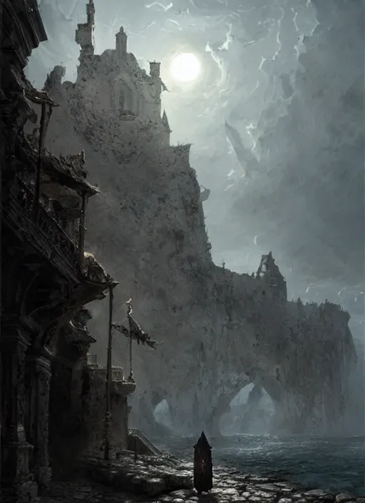 Image similar to 4k dark fantasy artwork of the ashen one from dark souls at Polignano a Mare 3, art by greg rutkowski, art by craig mullins, art by thomas kincade, art by Yoshitaka Amano