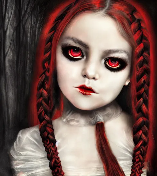 Prompt: a beautiful digital painting of a daughter of the night with red eyes and long, black, braided hair. vampiric, full moon, highly detailed, sharpness. victorian dress.