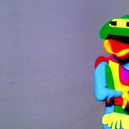 Prompt: color still from a strange 1990s kids puppet public access TV show, taped on VHS. hyperrealistic textures, creepy,