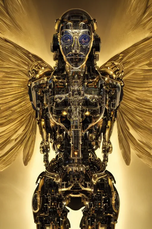 Prompt: a beautiful ultradetailed fine art photo of a cybernetic cyborg angel set against galactic space, by tom bagshaw and zach sutton, portrait, soft backlighting, cybernetic implants on the face, 5 0 mm lens, golden ratio composition, detailed faces, studio lighting, very detailed, mechanical robot neon wings, artstation, 8 k, highly coherent