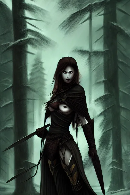 Prompt: dramatic dark forest scenery, girl with sharp fangs in hide leather armor, high fantasy concept art, poster