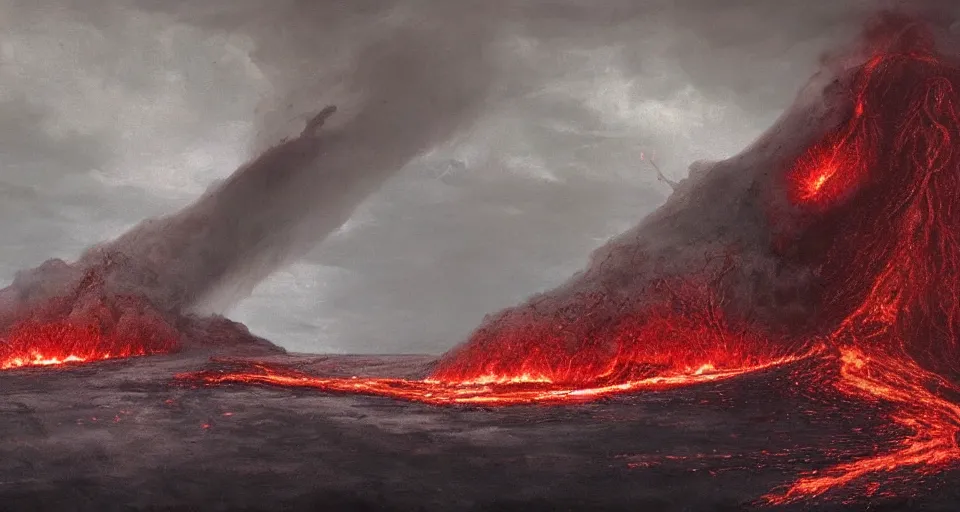 Image similar to a volcano made of ivory vines and crimson rocks enters in eruption, it spits a smoke in the shape of demonic eye, by JAKUB ROZALSKI