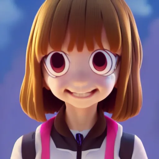 Prompt: A portrait of Ochako Uraraka, a cute 3d cgi toon young woman, in the center midground, medium shot, mid-shot, hyperdetailed, 8k, trending on artstation, as a Pixar character