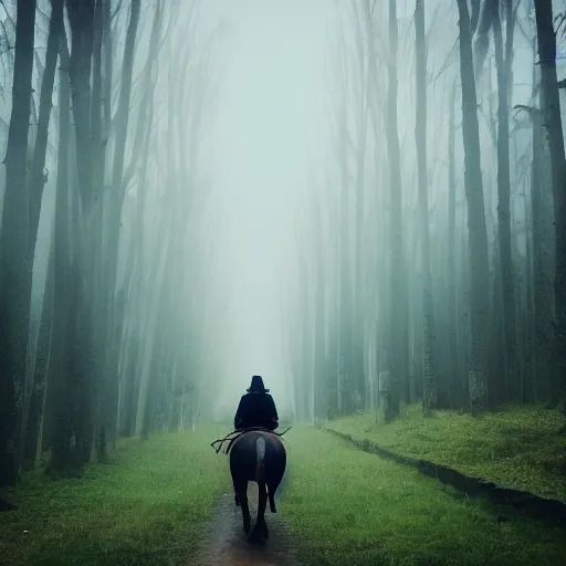 Prompt: A woman on a horse, in the forest, in the mist, with a cape, in the middle of a dark night, looking at the stars, mysterious, magical, in the middle of a storm, with thunder and lightning, in a castle, a fairytale, a witch