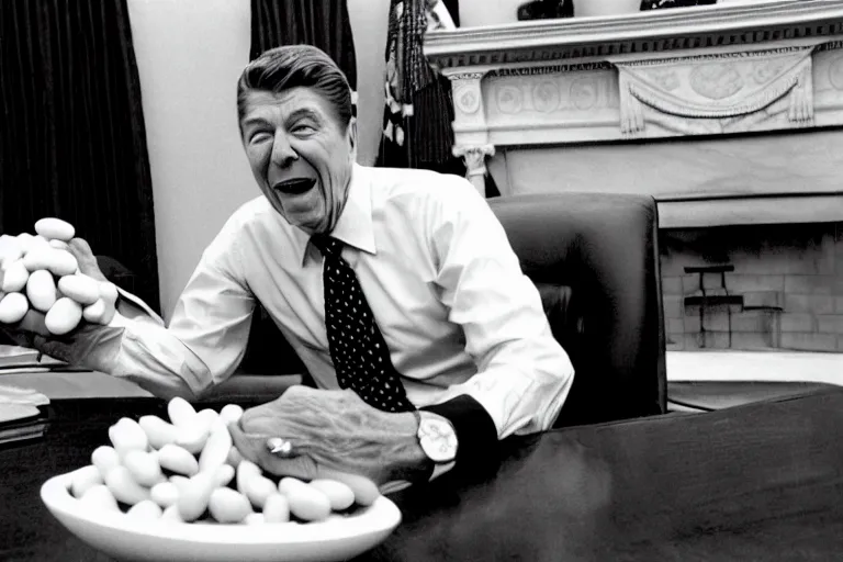 Image similar to 1 9 8 5 black and white photograph of ronald reagan dumping a huge bowl of jelly beans into his gaping maw, in the oval office