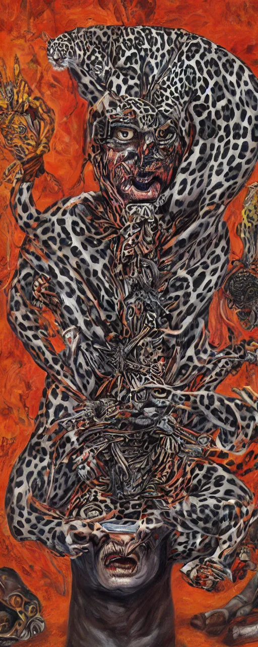 Image similar to an intricated and detailed painting of a shaman turning into a jaguar by jose clemente orozco 4 k render