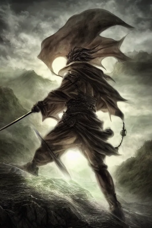 Prompt: Tonemapped warrior with lowered sword in the style of Kentaro Miura, with a landscape in the style of Wanderer above the Sea of Fog