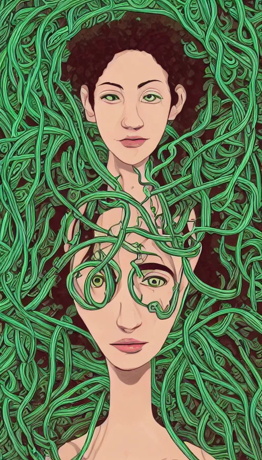 Image similar to very detailed portrait of a 2 0 years old girl surrounded by tentacles, the youg woman visage is blooming from fractal and vines, by rebecca sugar