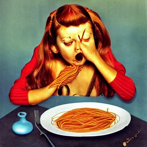 Image similar to girl eats spaghetti and crying spaghetti, style of Salvador Dali