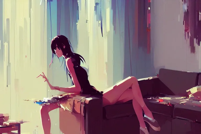 Image similar to a ultradetailed beautiful panting of a stylish woman sitting in a messy apartment, by makoto shinkai, conrad roset and greg rutkowski, trending on artstation