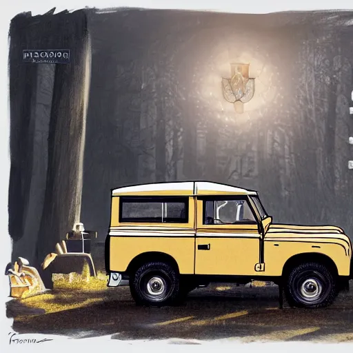 Prompt: Intricate detailed illustration, Queen Elizabeth II laying a golden egg, Land Rover Series II in the background, cinematic lighting, by Philip Hood, wide angle, volumetric light scattering, 8k, artstation, concept art,