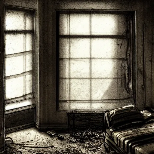 Image similar to derelict hotel room, abandoned, messy, moody atmosphere, sunlight through window blinds, dusty room, creepy, detailed sketch, artstation award